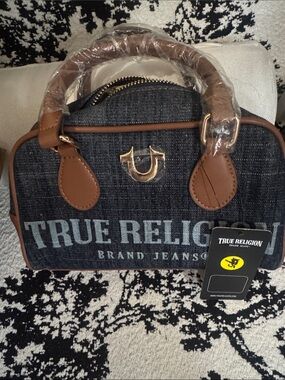 True Religion Denim Satchel with Brown Trim and Gold Hardware NWT